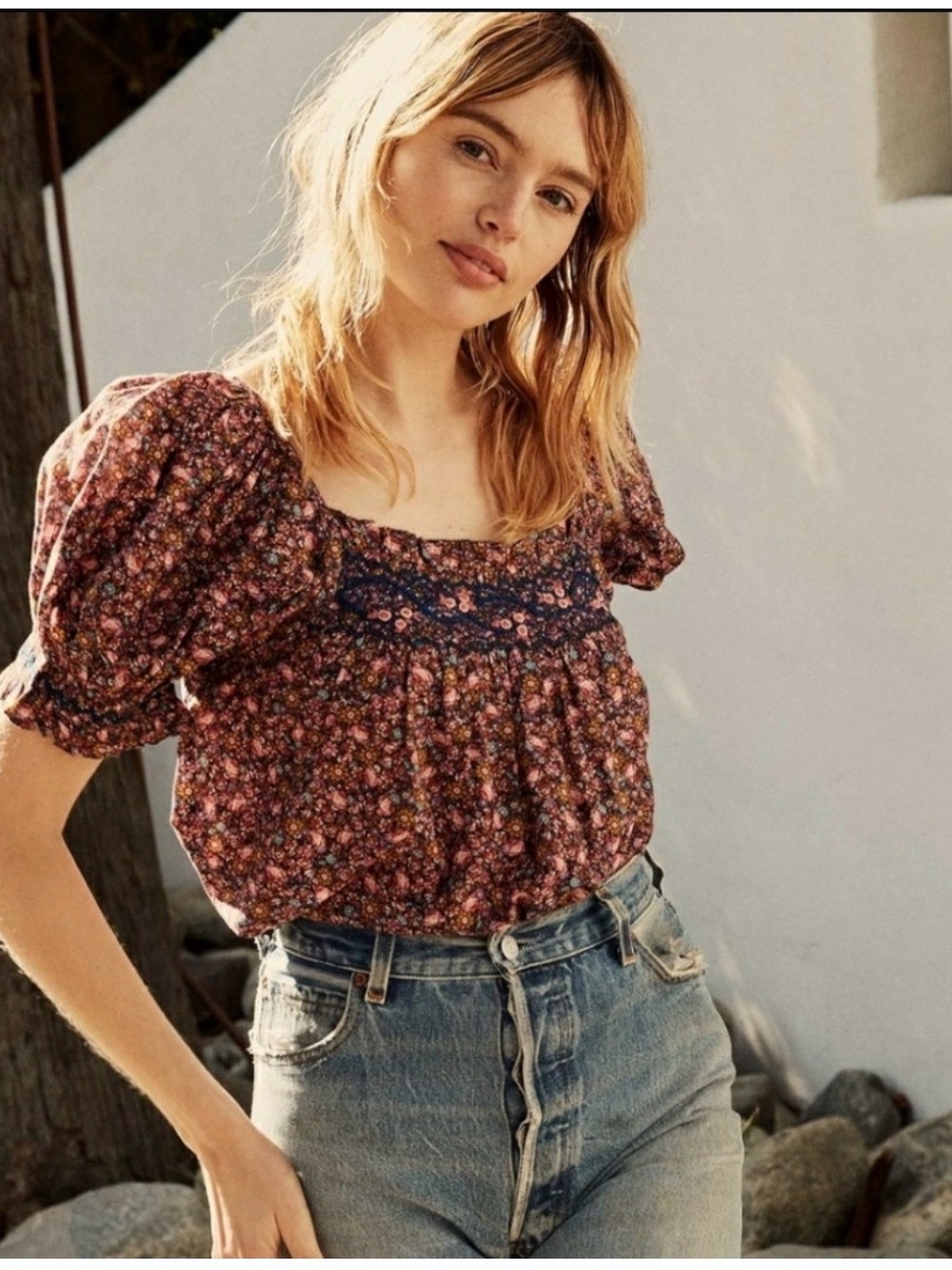 Doen Floral Puff Sleeve Peasant Blouse - Burgundy Multicolor
